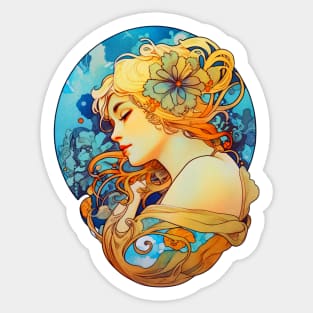 Alphonse Mucha Inspired Art Nouveau Girl With Flower In Her Hair Sticker